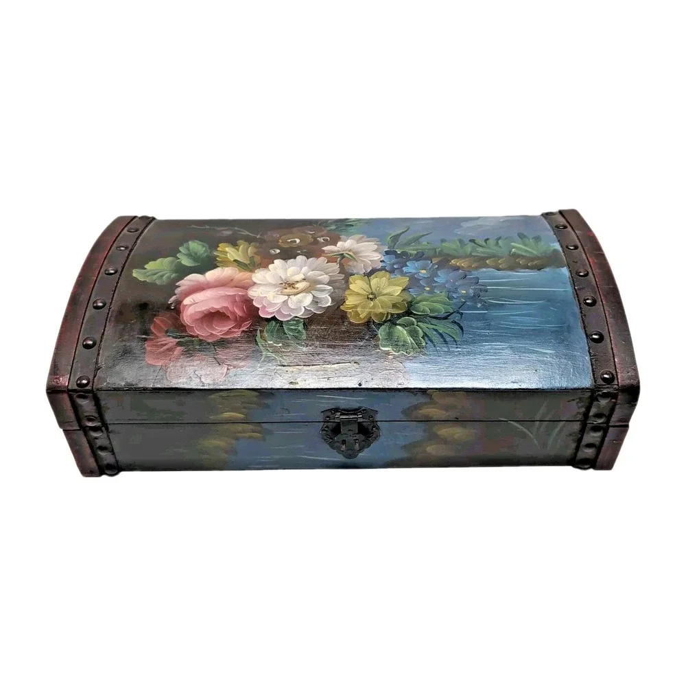 Vtg Hand-Painted Wooden Trinket/Jewelry Box Floral Design Humpback Lid Lined